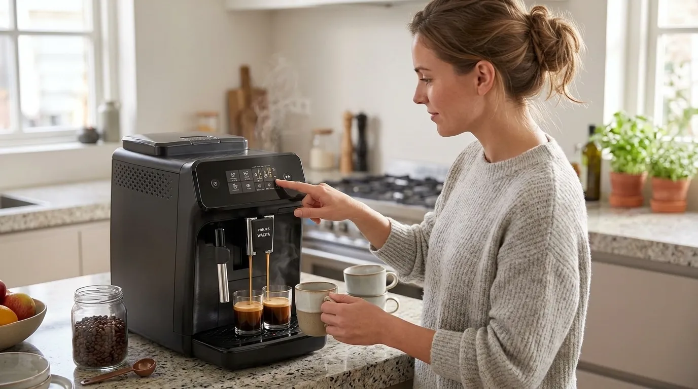 Cafeteira automática com moedor integrado em destaque na cozinha