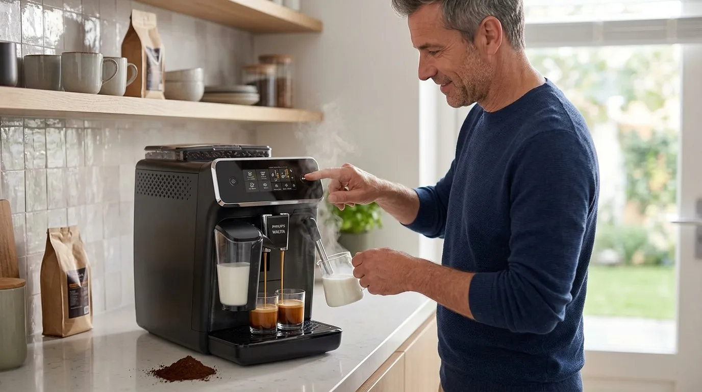 Detalhes do painel e interface da cafeteira automática Philips Walita