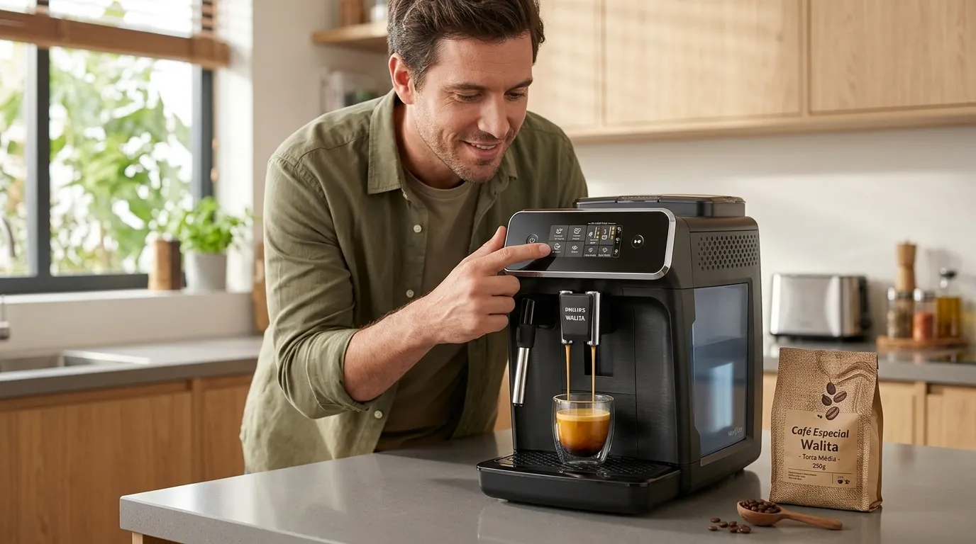 Cafeteira automática com moedor integrado em funcionamento