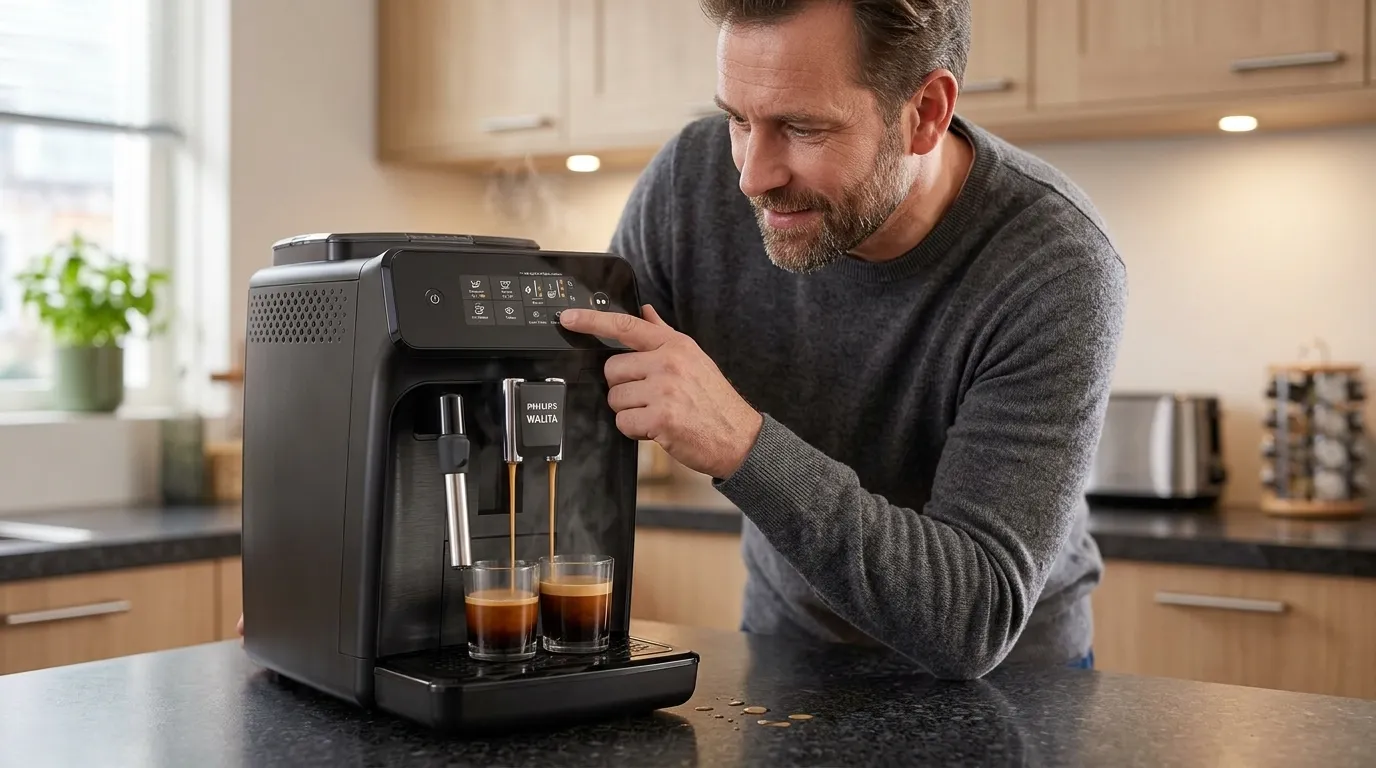 Cafeteira automática com moedor integrado em funcionamento
